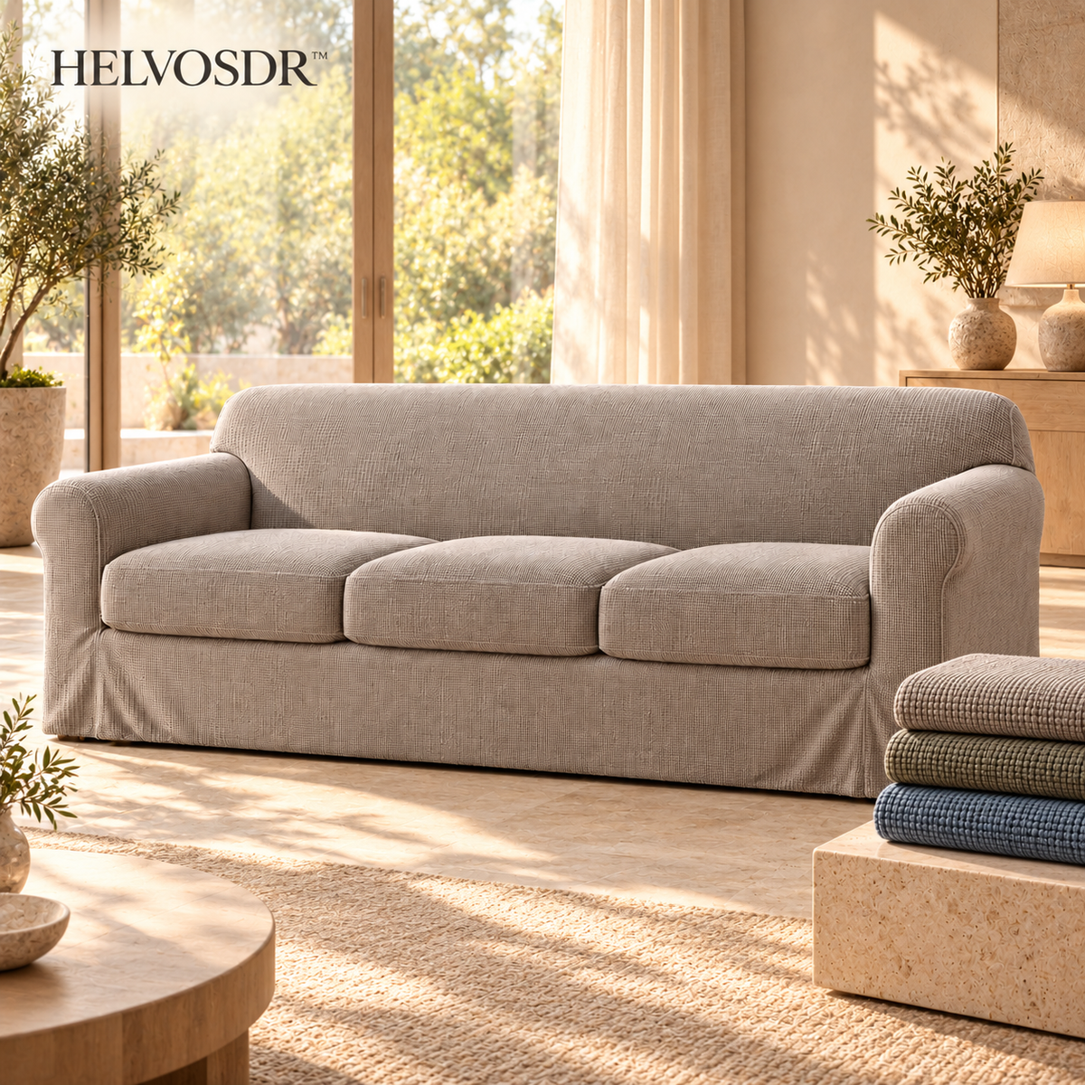 HELVOSDR™ Sorelle 4-Piece Chenille-Texture Stretch Sofa Slipcover — Machine-Washable Soft Ribbed Couch Cover with Separate Cushion Covers