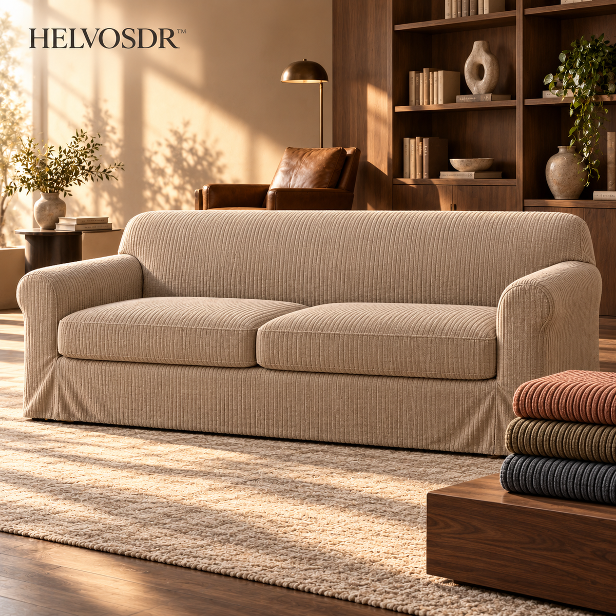 HELVOSDR™ Cordelle 3-Piece Wide-Rib Stretch Sofa Slipcover — Washable Corduroy-Texture Couch Cover for Two-Cushion Sofas