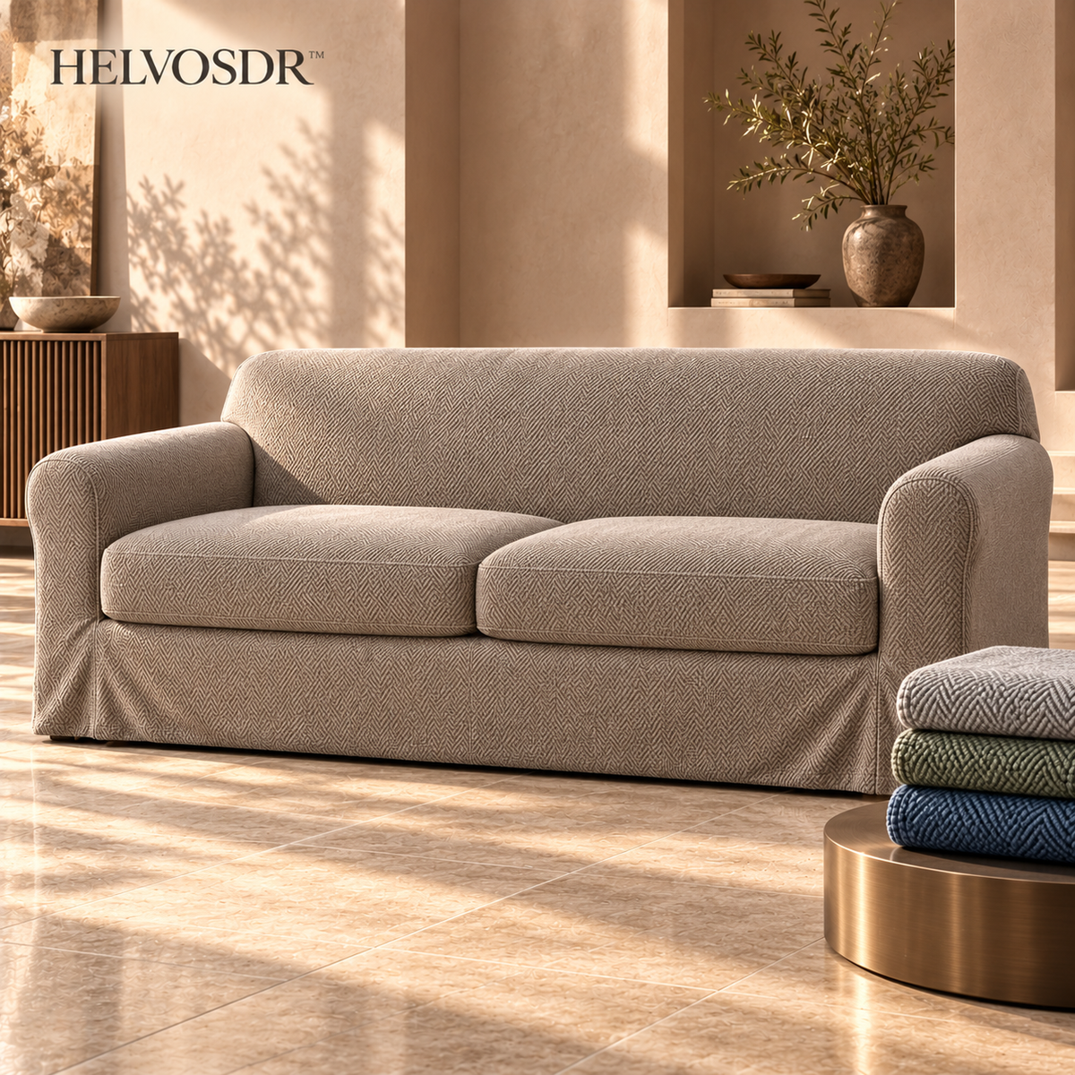 HELVOSDR™ Vellora 3-Piece Herringbone Stretch Sofa Slipcover — Washable Couch Cover Set with Two Separate Seat Cushion Covers
