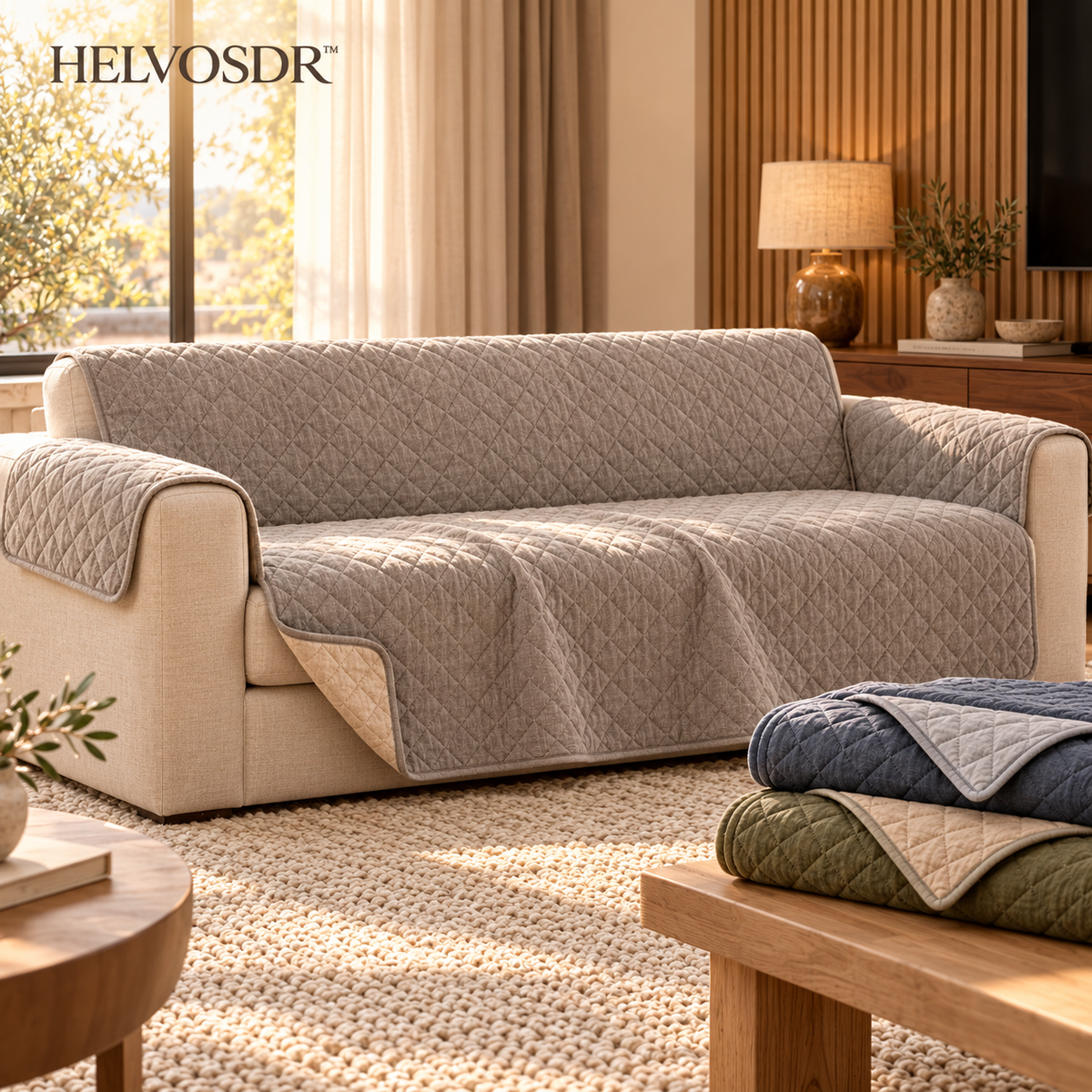 HELVOSDR™ Rivelle Reversible Quilted Sofa Protector — Machine-Washable Couch Cover with Arm Panels & Adjustable Back Strap
