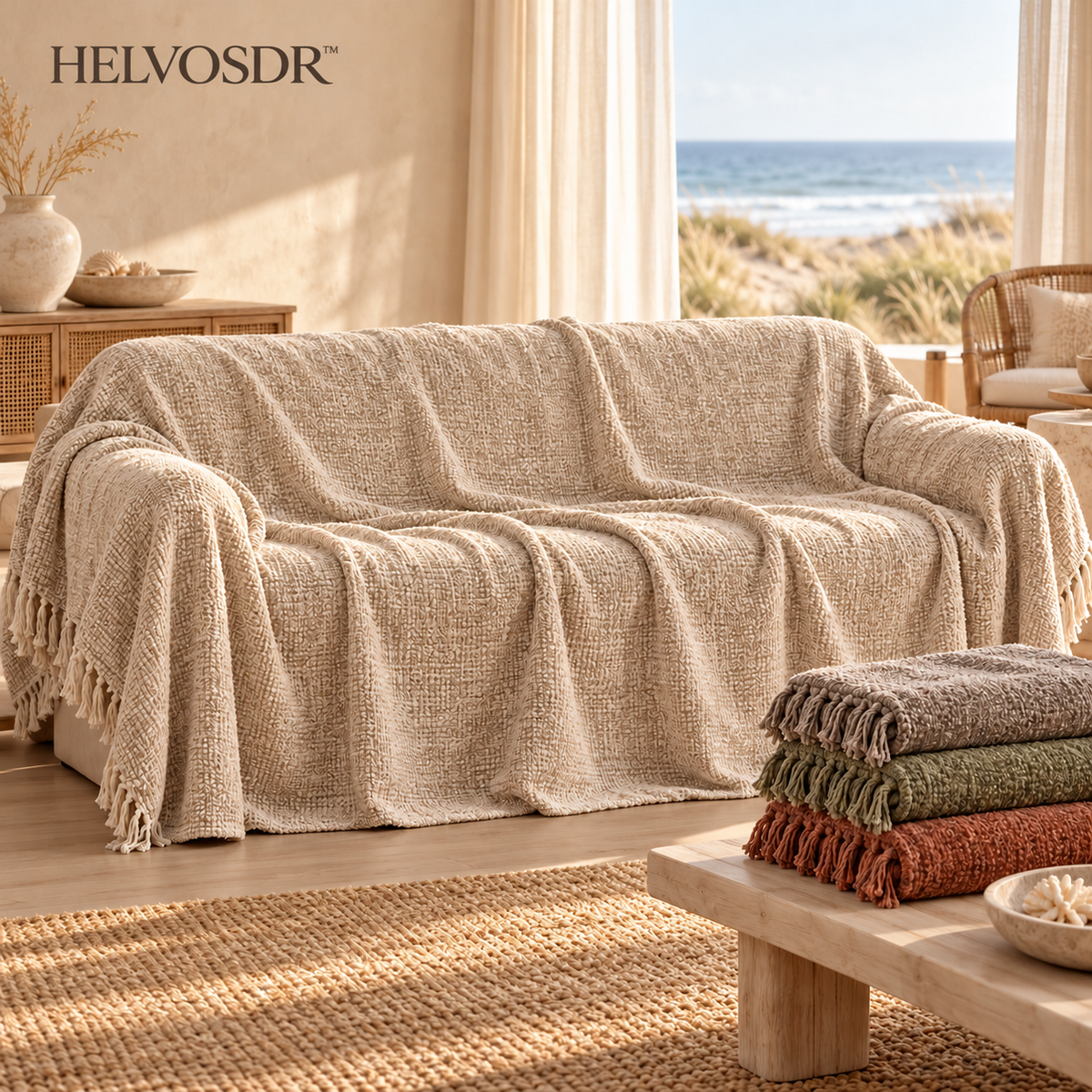 HELVOSDR™ Drapelle Chenille-Texture Sofa Throw Cover — Machine-Washable Fringed Couch Blanket for Relaxed Furniture Coverage