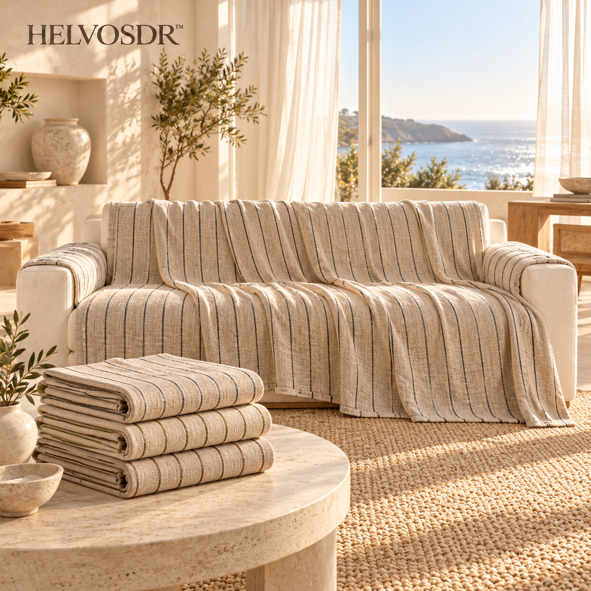 HELVOSDR™ Loomelle Cotton-Blend Striped Sofa Throw Cover — Machine-Washable Woven Couch Drape with Hemmed Edges