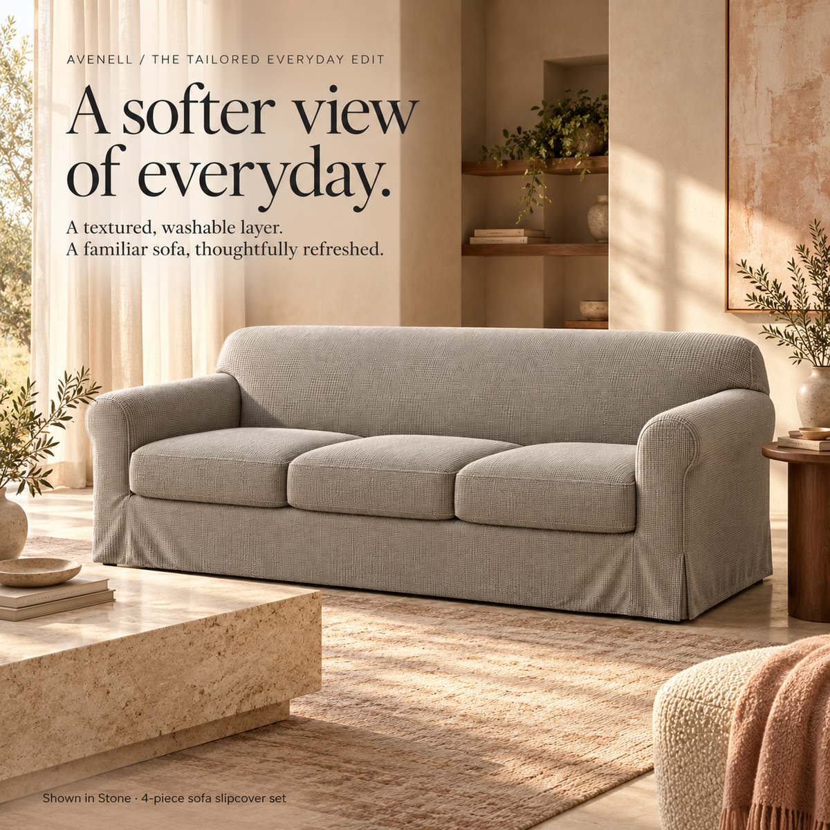 HELVOSDR™ Avenell 4-Piece Stretch Sofa Slipcover — Machine-Washable Textured Couch Cover with Separate Seat Cushion Covers & Elasticized Edges