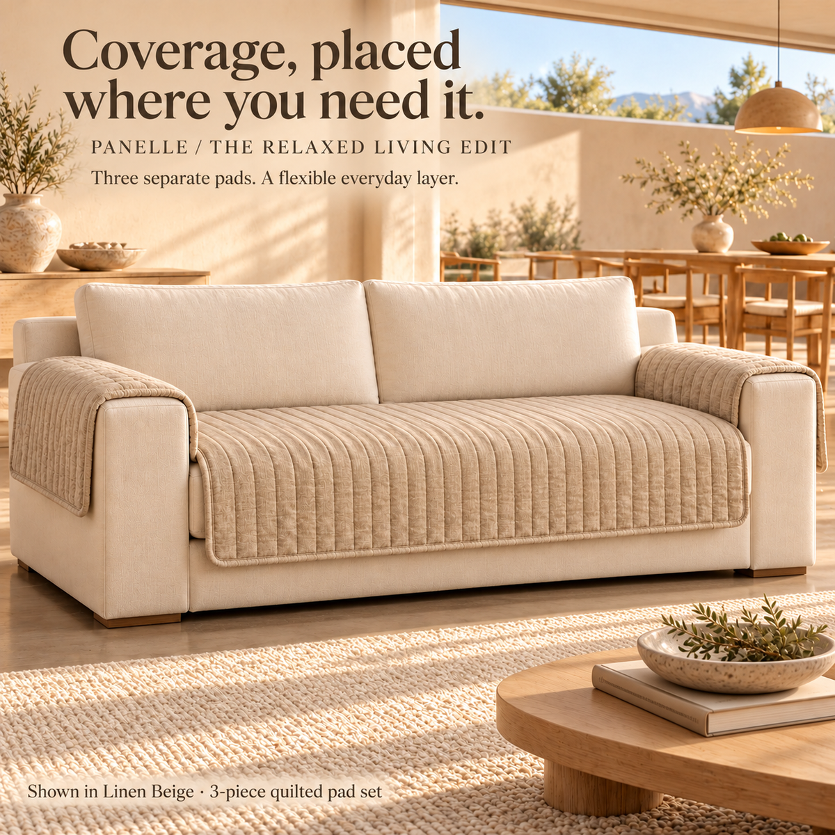HELVOSDR™ Panelle 3-Piece Quilted Sofa Cover Pad Set — Washable Modular Couch Seat, Back & Arm Protectors with Textured Backing