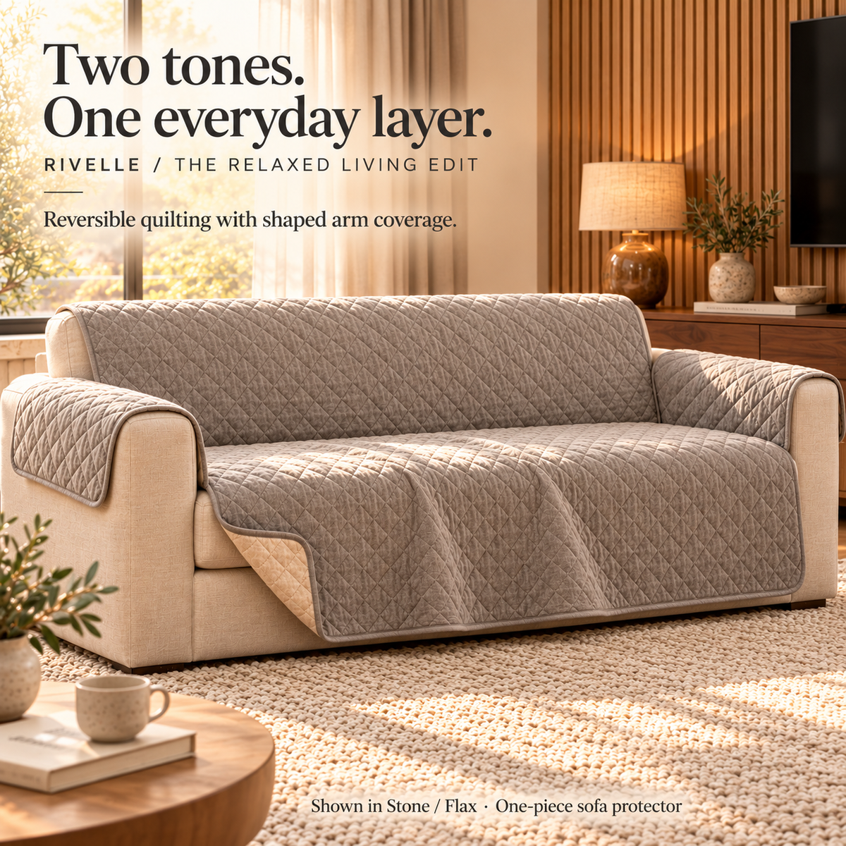 HELVOSDR™ Rivelle Reversible Quilted Sofa Protector — Machine-Washable Couch Cover with Arm Panels & Adjustable Back Strap