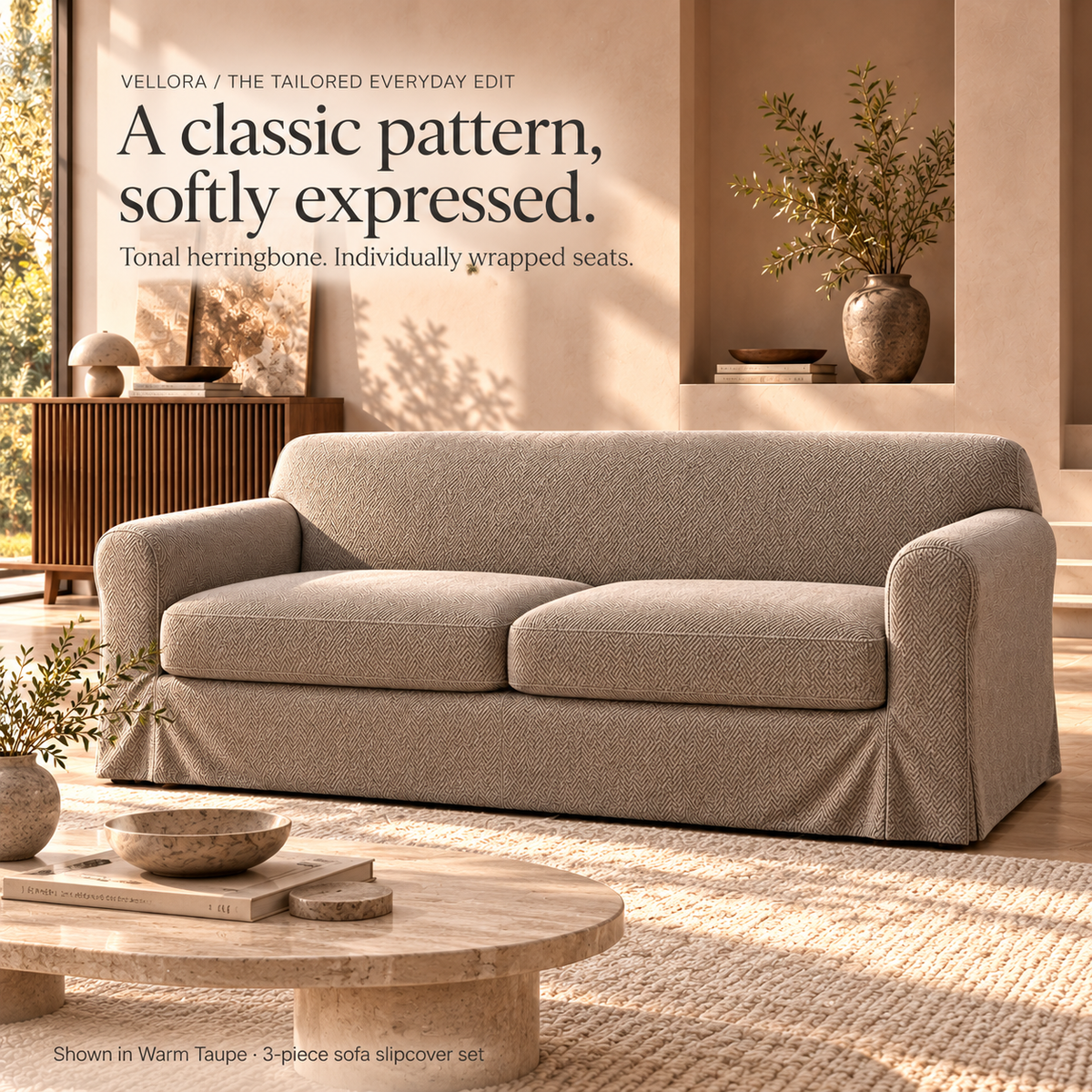 HELVOSDR™ Vellora 3-Piece Herringbone Stretch Sofa Slipcover — Washable Couch Cover Set with Two Separate Seat Cushion Covers