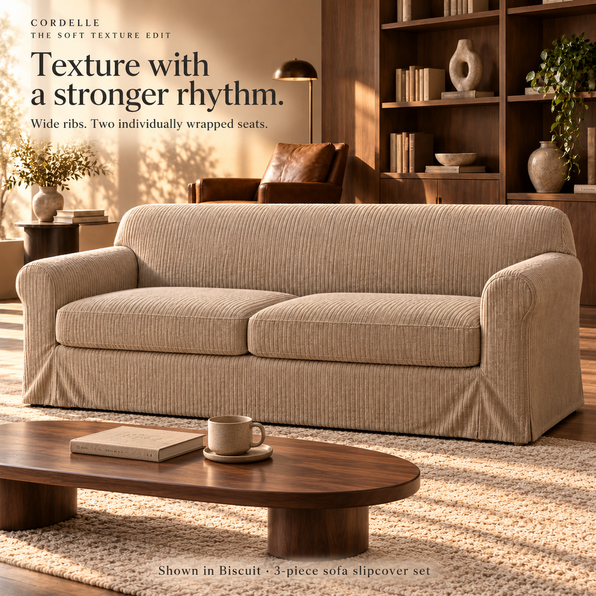 HELVOSDR™ Cordelle 3-Piece Wide-Rib Stretch Sofa Slipcover — Washable Corduroy-Texture Couch Cover for Two-Cushion Sofas
