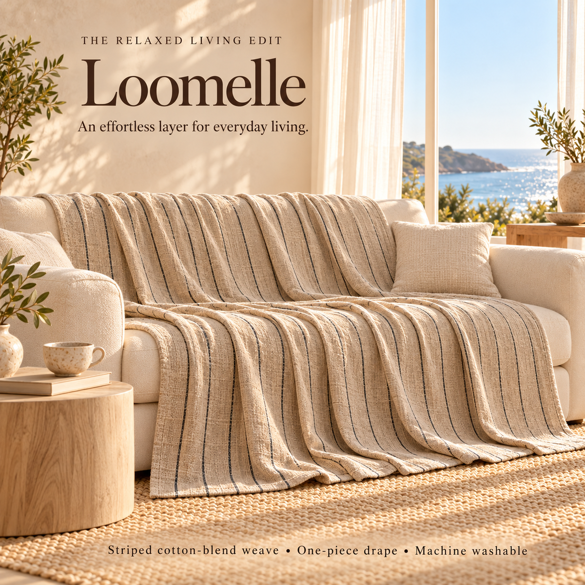 HELVOSDR™ Loomelle Cotton-Blend Striped Sofa Throw Cover — Machine-Washable Woven Couch Drape with Hemmed Edges