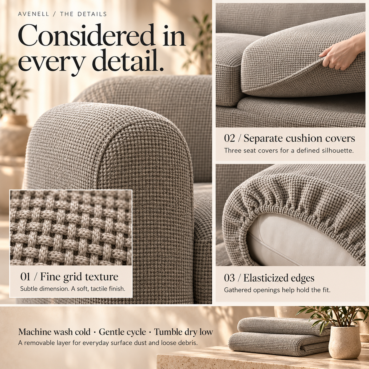 HELVOSDR™ Avenell 4-Piece Stretch Sofa Slipcover — Machine-Washable Textured Couch Cover with Separate Seat Cushion Covers & Elasticized Edges