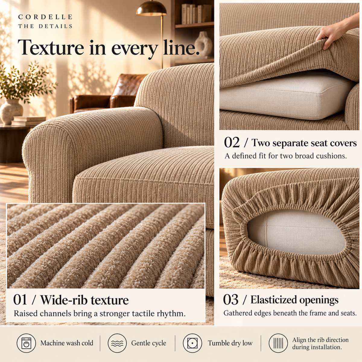 HELVOSDR™ Cordelle 3-Piece Wide-Rib Stretch Sofa Slipcover — Washable Corduroy-Texture Couch Cover for Two-Cushion Sofas