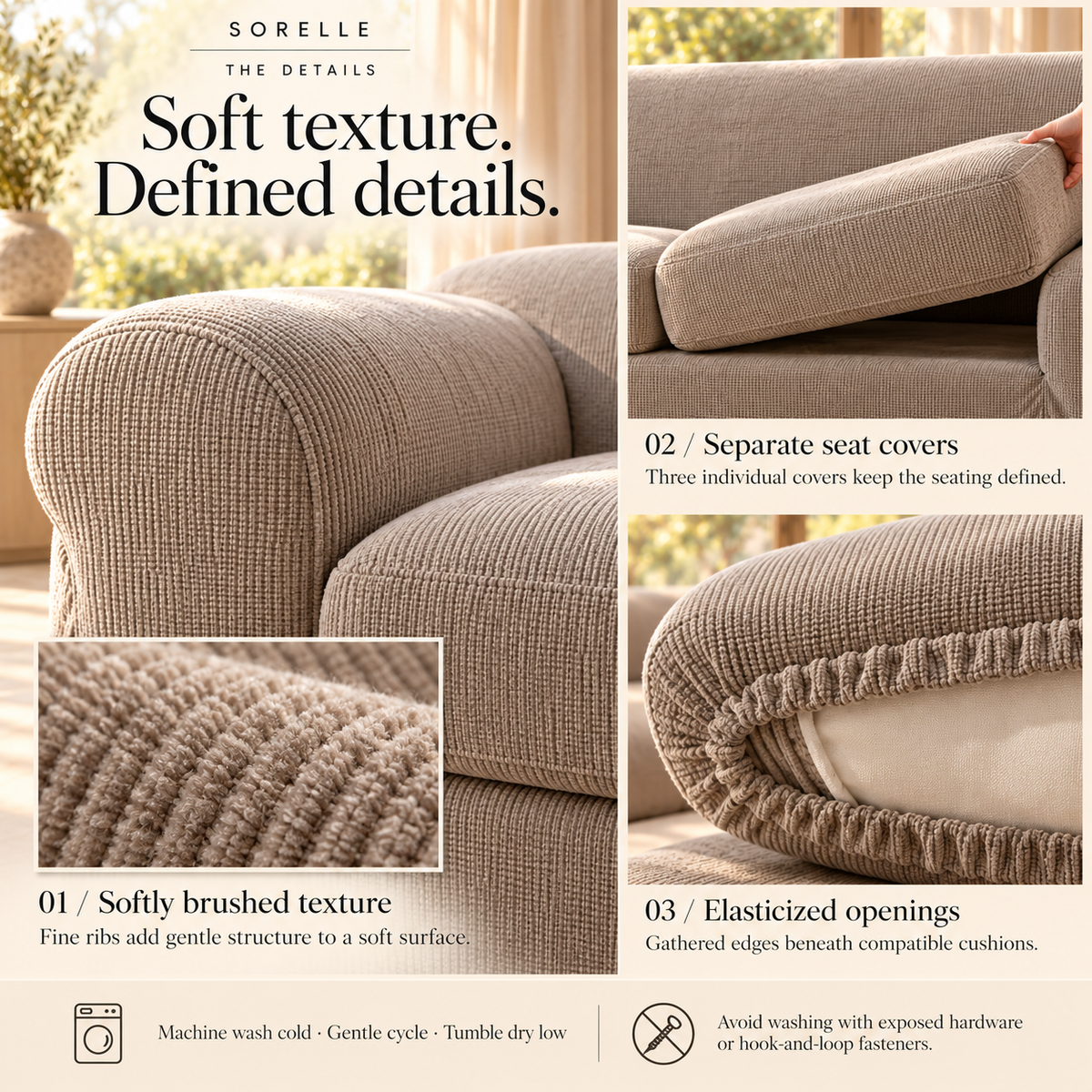 HELVOSDR™ Sorelle 4-Piece Chenille-Texture Stretch Sofa Slipcover — Machine-Washable Soft Ribbed Couch Cover with Separate Cushion Covers