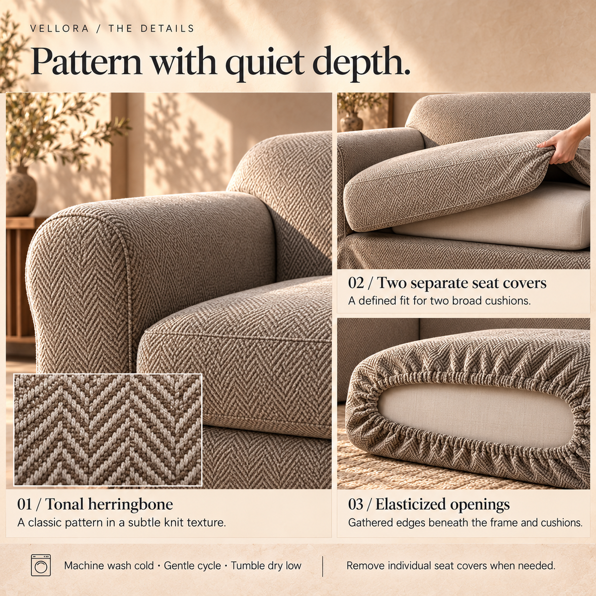 HELVOSDR™ Vellora 3-Piece Herringbone Stretch Sofa Slipcover — Washable Couch Cover Set with Two Separate Seat Cushion Covers