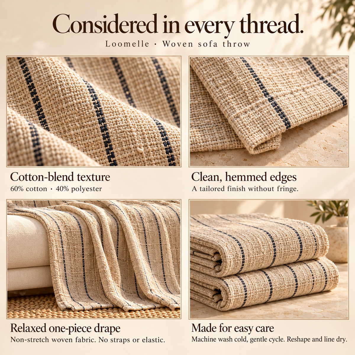 HELVOSDR™ Loomelle Cotton-Blend Striped Sofa Throw Cover — Machine-Washable Woven Couch Drape with Hemmed Edges