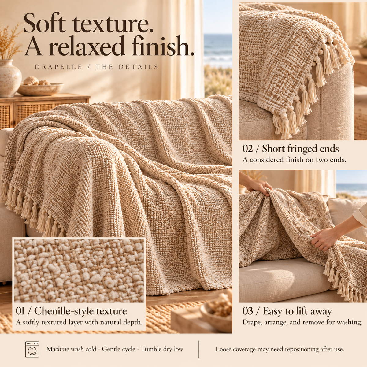 HELVOSDR™ Drapelle Chenille-Texture Sofa Throw Cover — Machine-Washable Fringed Couch Blanket for Relaxed Furniture Coverage