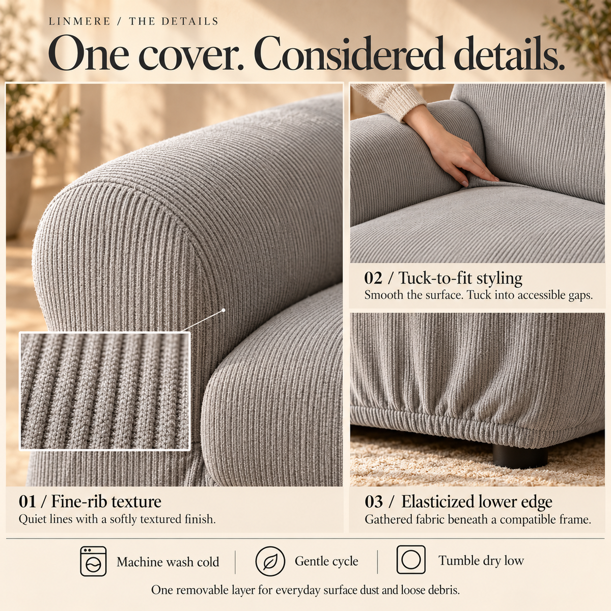 HELVOSDR™ Linmere 1-Piece Stretch Sofa Cover — Machine-Washable Fine-Rib Couch Slipcover with Elasticized Bottom for Standard Sofas