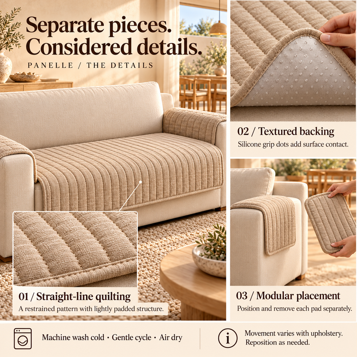 HELVOSDR™ Panelle 3-Piece Quilted Sofa Cover Pad Set — Washable Modular Couch Seat, Back & Arm Protectors with Textured Backing