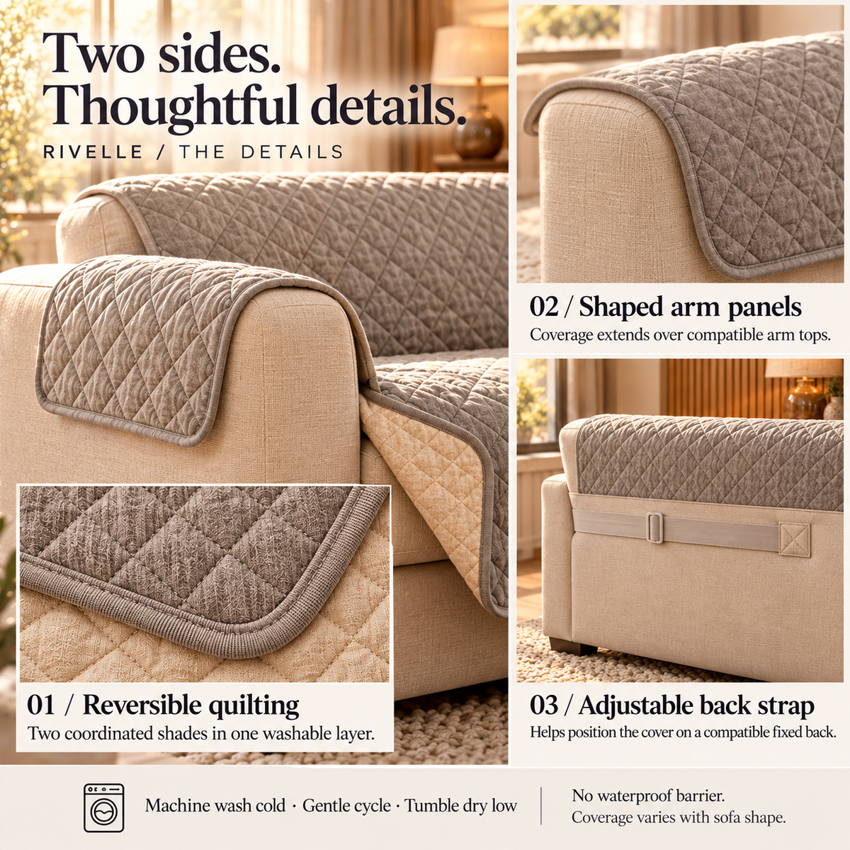 HELVOSDR™ Rivelle Reversible Quilted Sofa Protector — Machine-Washable Couch Cover with Arm Panels & Adjustable Back Strap