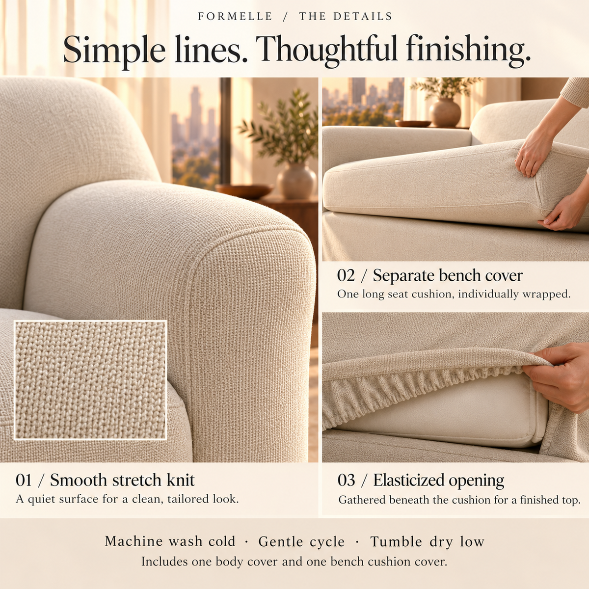HELVOSDR™ Formelle 2-Piece Bench-Cushion Sofa Slipcover — Machine-Washable Smooth Stretch Couch Cover with Separate Long Seat Cover