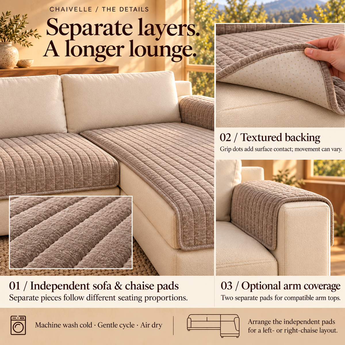 HELVOSDR™ Chaivelle 4-Piece Sectional Sofa Cover Pad Set — Machine-Washable Quilted Couch & Chaise Protectors with Separate Arm Pads