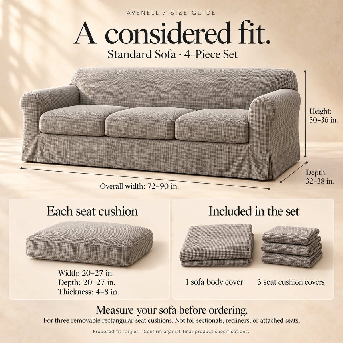 HELVOSDR™ Avenell 4-Piece Stretch Sofa Slipcover — Machine-Washable Textured Couch Cover with Separate Seat Cushion Covers & Elasticized Edges