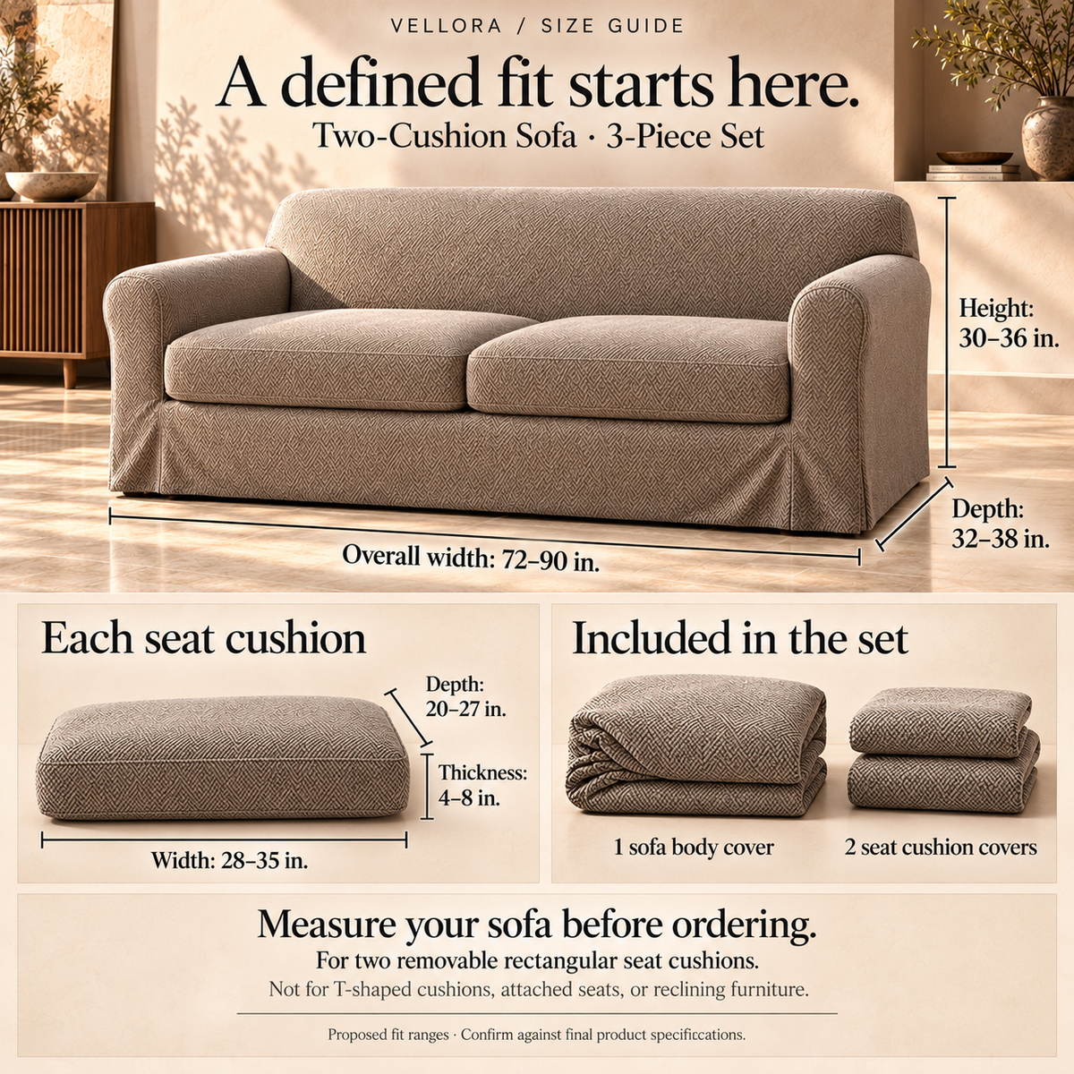 HELVOSDR™ Vellora 3-Piece Herringbone Stretch Sofa Slipcover — Washable Couch Cover Set with Two Separate Seat Cushion Covers