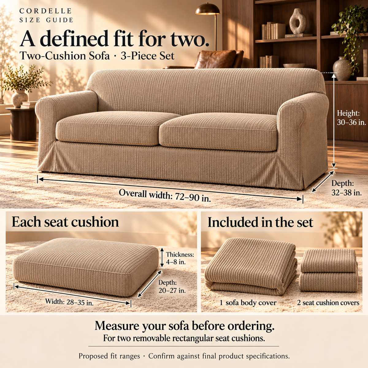 HELVOSDR™ Cordelle 3-Piece Wide-Rib Stretch Sofa Slipcover — Washable Corduroy-Texture Couch Cover for Two-Cushion Sofas