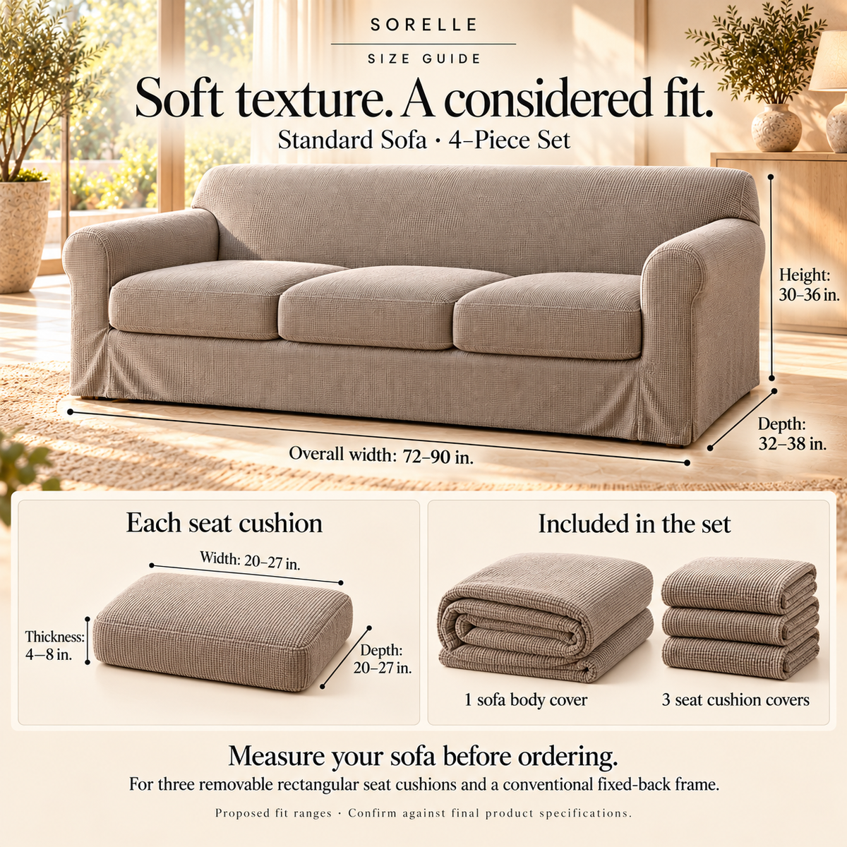 HELVOSDR™ Sorelle 4-Piece Chenille-Texture Stretch Sofa Slipcover — Machine-Washable Soft Ribbed Couch Cover with Separate Cushion Covers