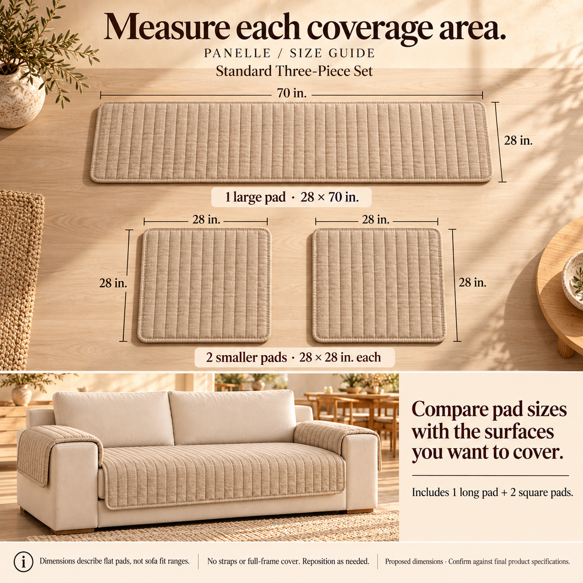 HELVOSDR™ Panelle 3-Piece Quilted Sofa Cover Pad Set — Washable Modular Couch Seat, Back & Arm Protectors with Textured Backing