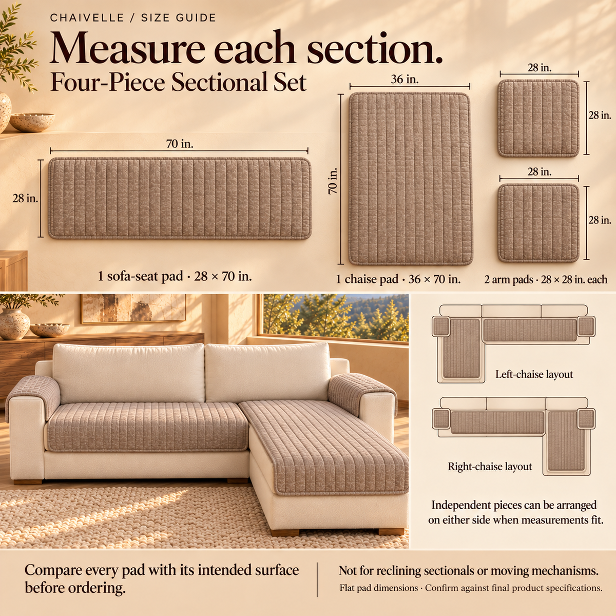 HELVOSDR™ Chaivelle 4-Piece Sectional Sofa Cover Pad Set — Machine-Washable Quilted Couch & Chaise Protectors with Separate Arm Pads