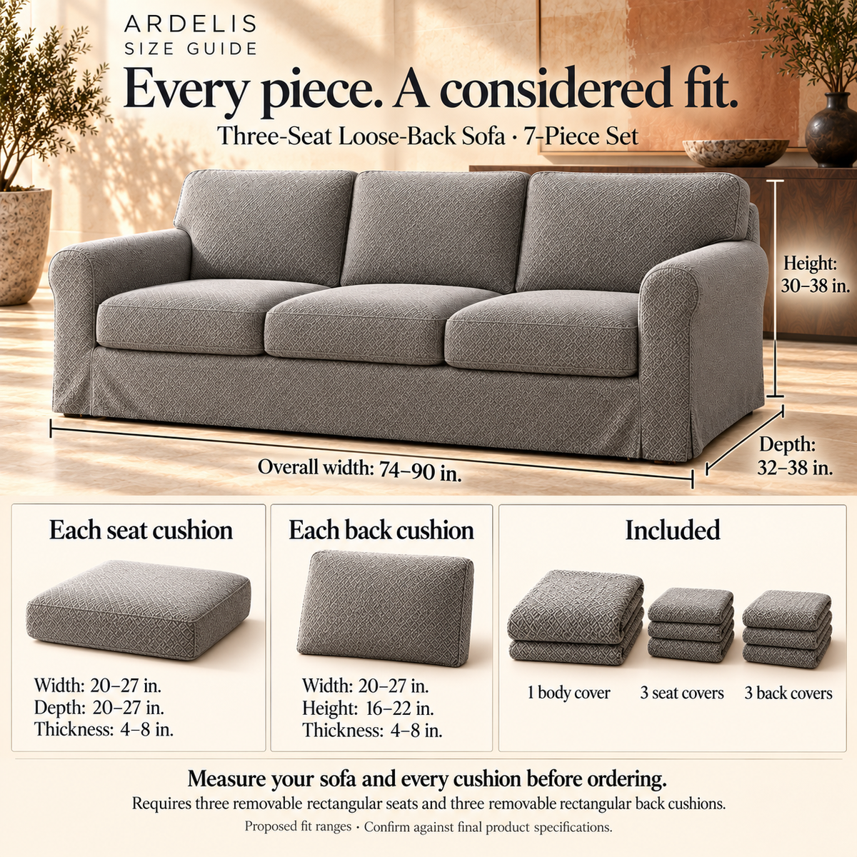 HELVOSDR™ Ardelis 7-Piece Stretch Sofa Slipcover Set — Washable Diamond-Texture Couch Cover with Separate Seat & Back Cushion Covers