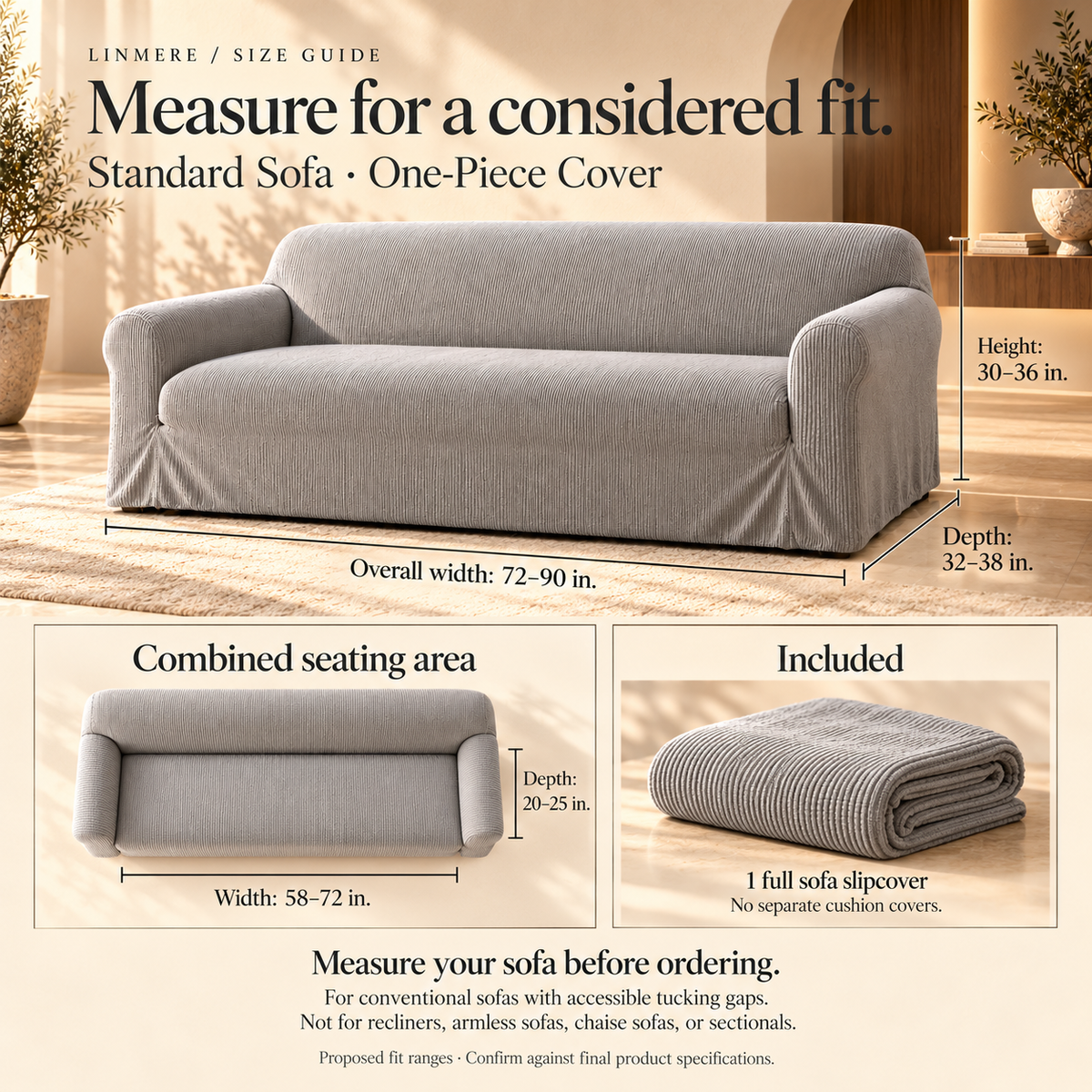 HELVOSDR™ Linmere 1-Piece Stretch Sofa Cover — Machine-Washable Fine-Rib Couch Slipcover with Elasticized Bottom for Standard Sofas