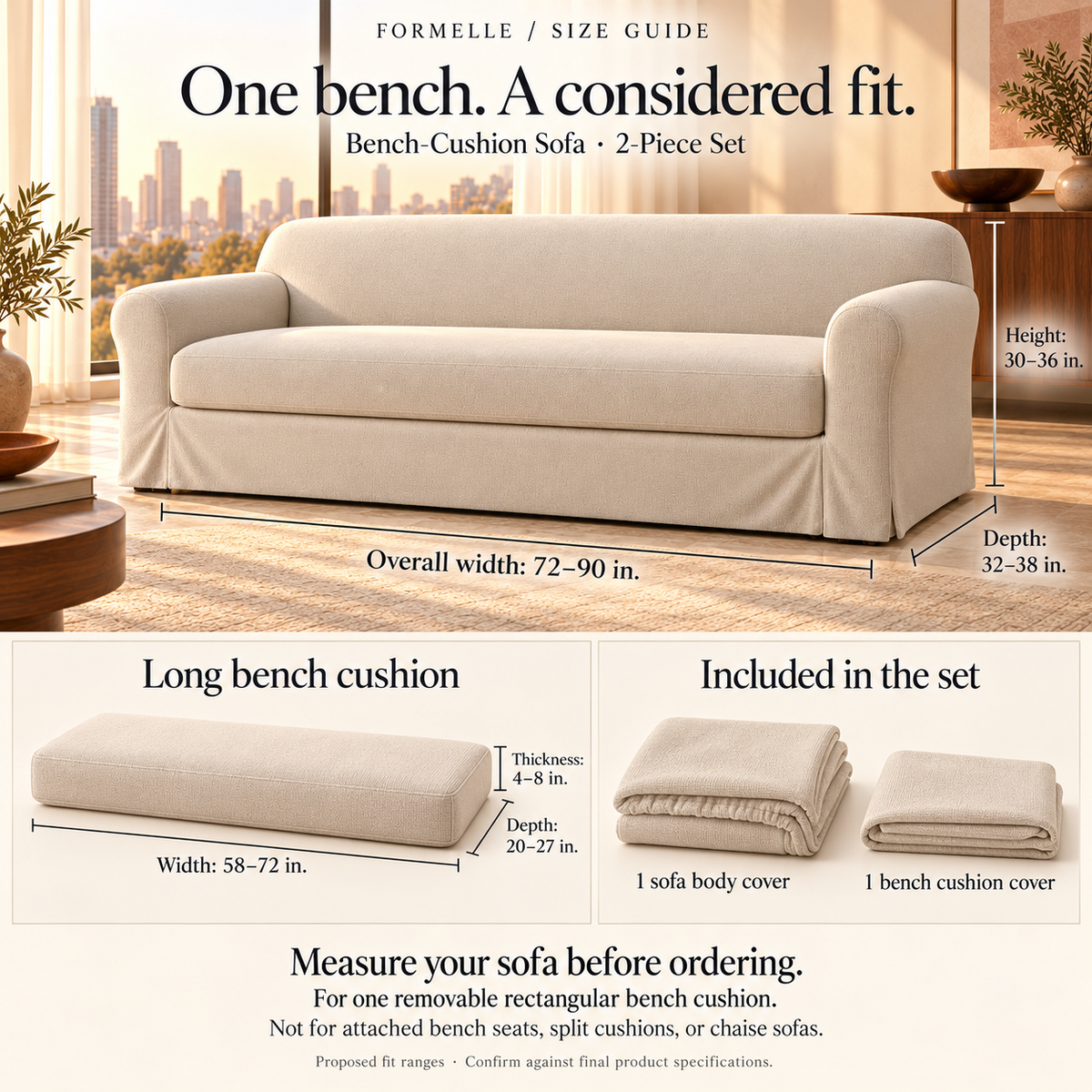 HELVOSDR™ Formelle 2-Piece Bench-Cushion Sofa Slipcover — Machine-Washable Smooth Stretch Couch Cover with Separate Long Seat Cover