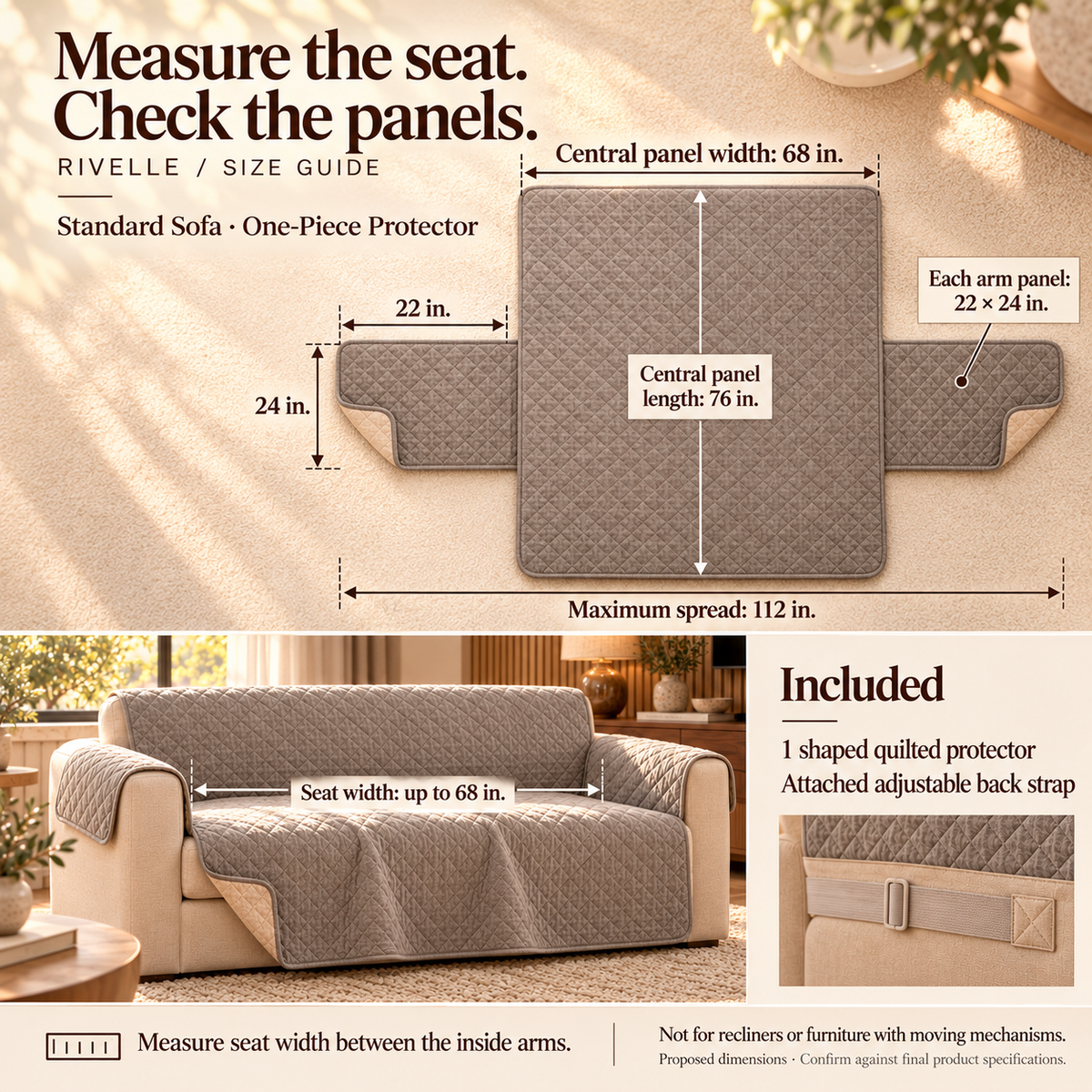 HELVOSDR™ Rivelle Reversible Quilted Sofa Protector — Machine-Washable Couch Cover with Arm Panels & Adjustable Back Strap